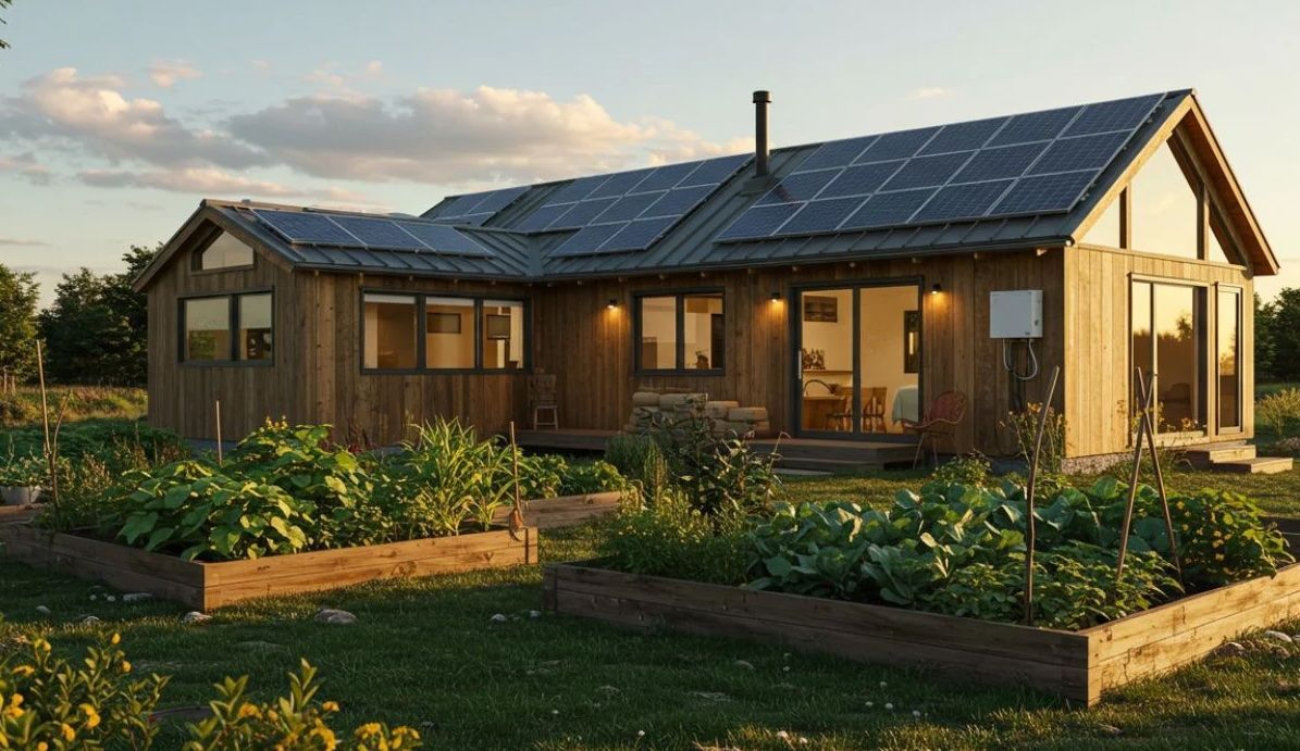 Wooden house with solar panels, garden beds in front, on a sunny day — L & K Electrical & Air Conditioning in Tamworth, NSW