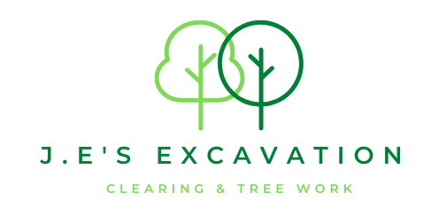 A logo for j.e. 's excavation clearing and tree work