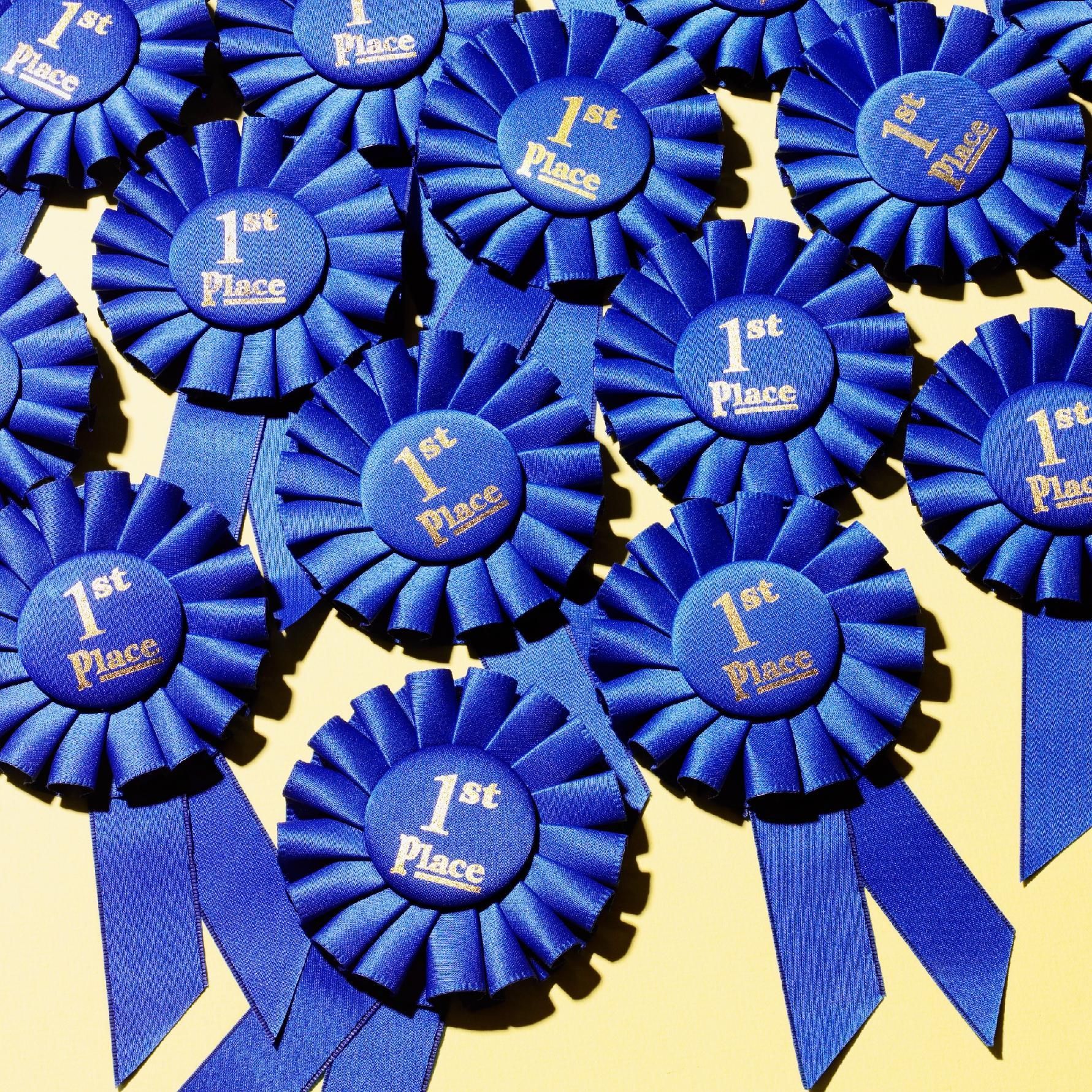 A bunch of blue ribbons that say 1st place