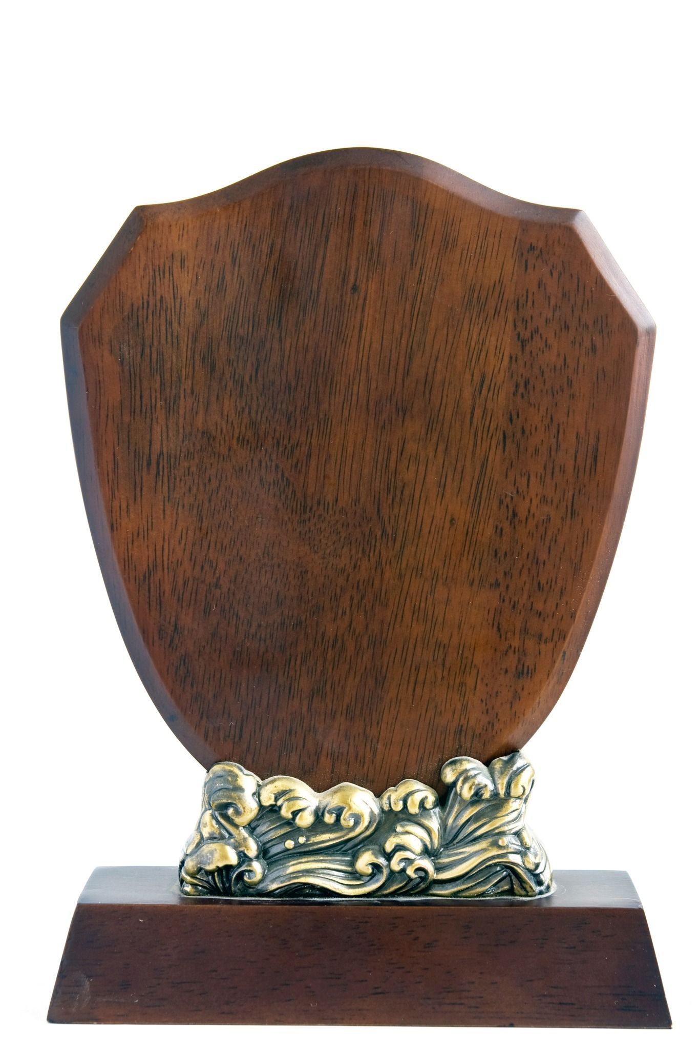 A wooden plaque with a gold base on a white background