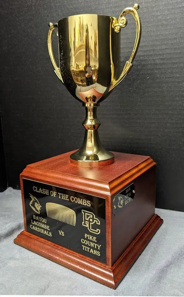 A gold trophy is sitting on top of a wooden base.