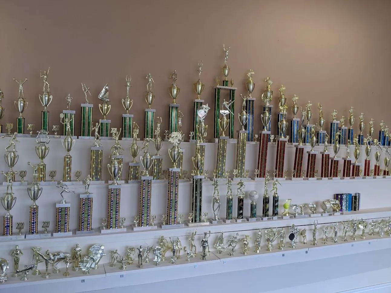 Many trophies are lined up on a wall