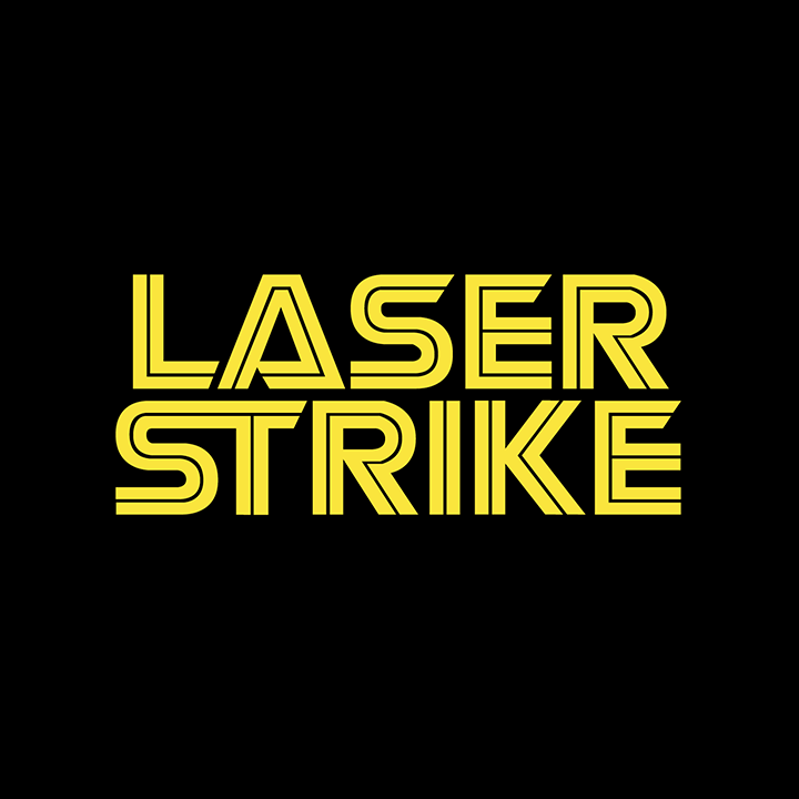 The logo for laser strike is yellow on a black background.