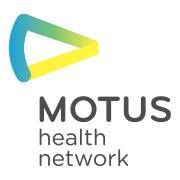 The motus health network logo is a blue and yellow triangle.