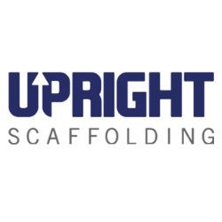 The logo for upright scaffolding is blue and white.