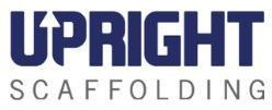 The logo for upright scaffolding is blue and white.