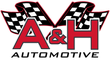 A logo for a & h automotive with checkered flags