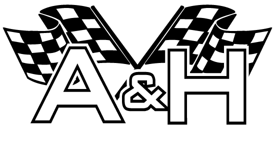 A black and white logo with checkered flags and the letters a and h.