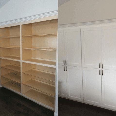 A before and after photo of a bookcase and cabinets
