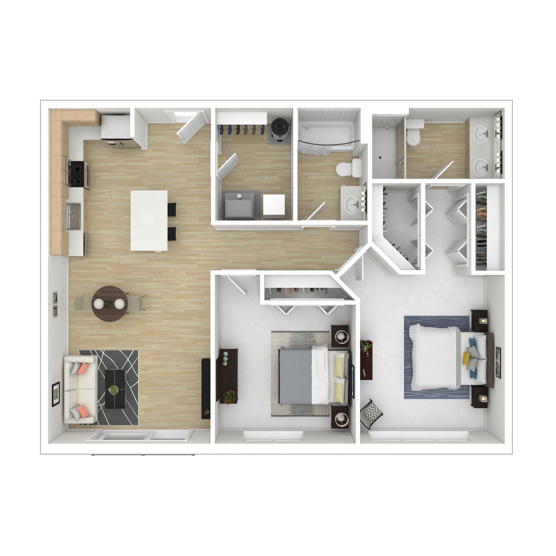 2 bedrooms, 2 bathrooms floor plan