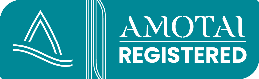 a blue logo that says amotai registered on it