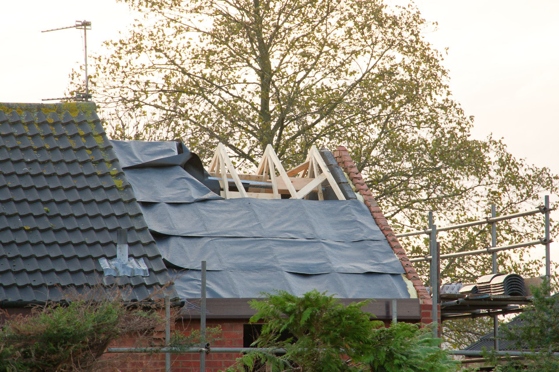 Roof partially covered in blue tarp during construction, wooden beams visible.