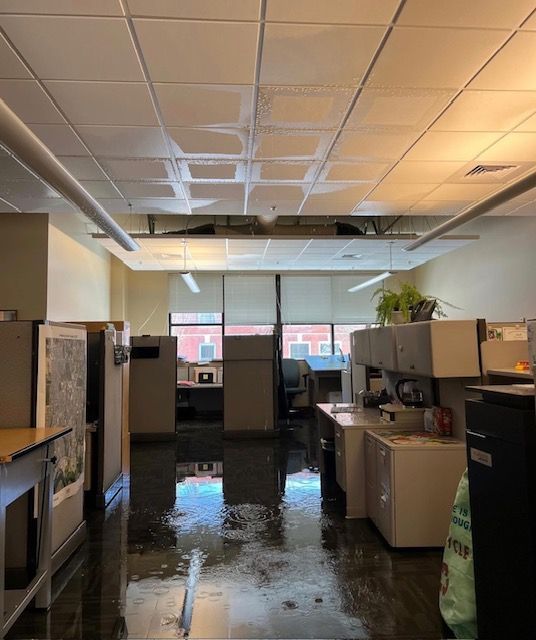Office flooded with water; damaged ceiling tiles, cubicles, and reflective floor.