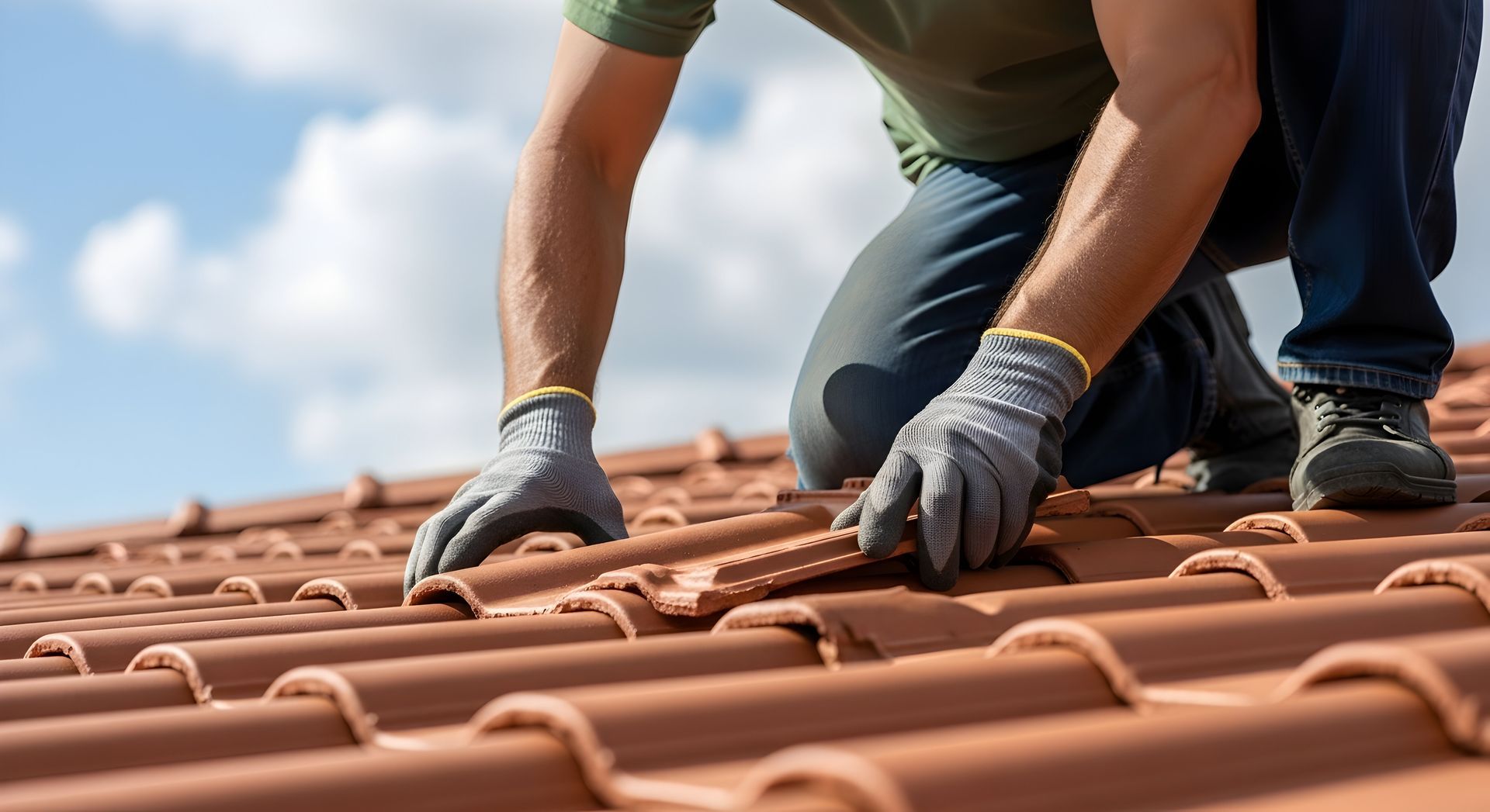 Roof repair worker installing new terracotta tiles on a house.