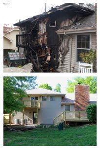 Top: House ravaged by fire. Bottom: Same house repaired with new deck.