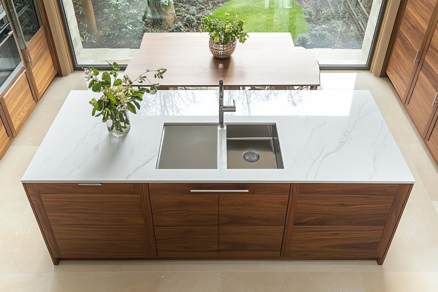 A kitchen with two sinks and a large window