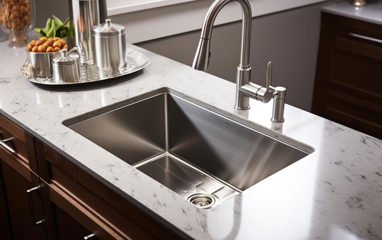 A stainless steel kitchen sink with a faucet on a counter top