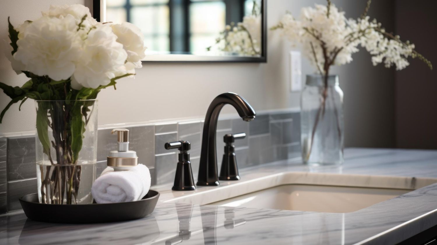 A bathroom sink with a vase of flowers and towels on it.