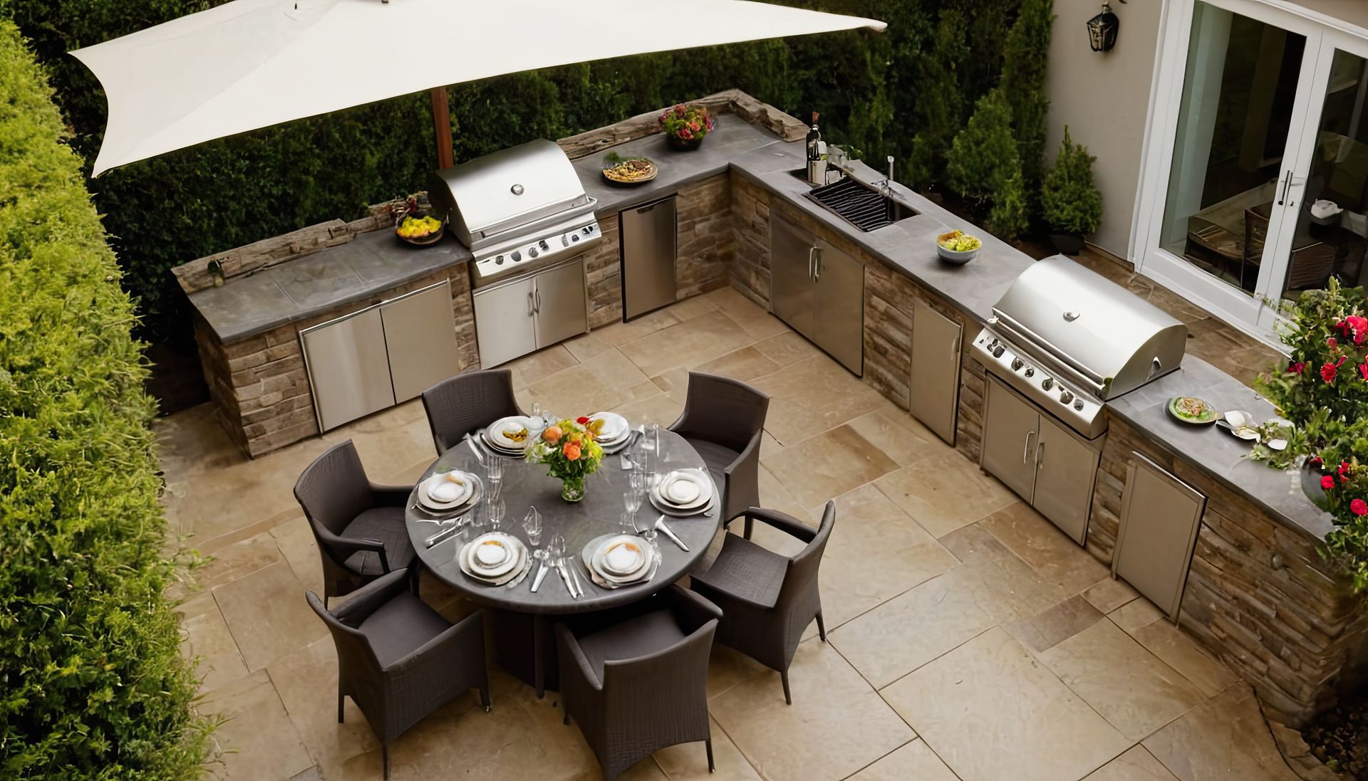 A patio with a table and chairs and a grill