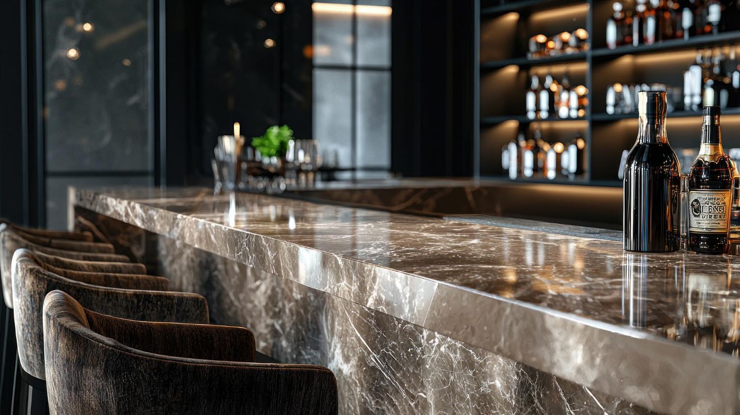 A bar with a marble counter top and chairs in a restaurant.