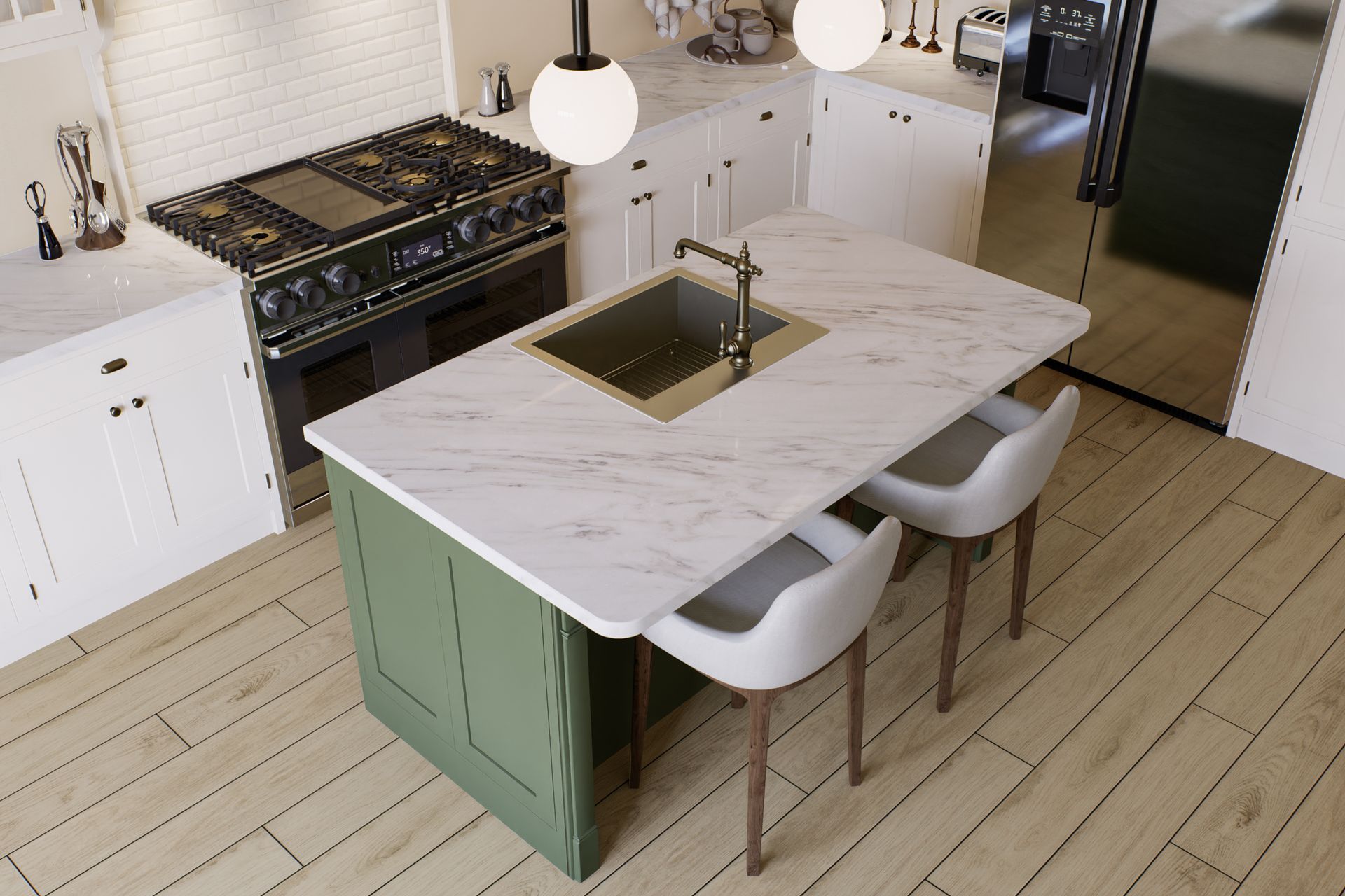 A kitchen with a green island and a sink