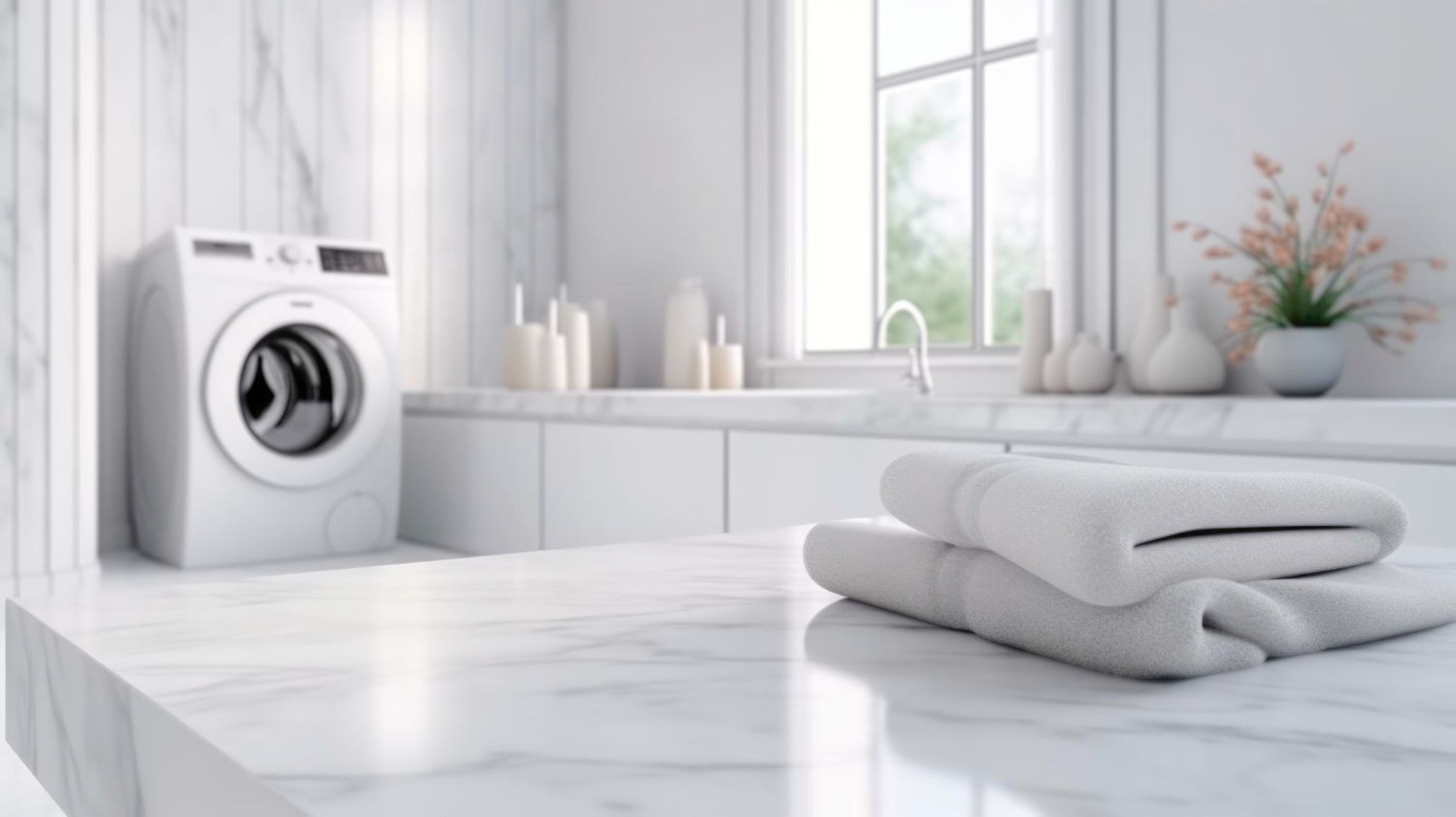 A bathroom with a washing machine and towels on the counter.