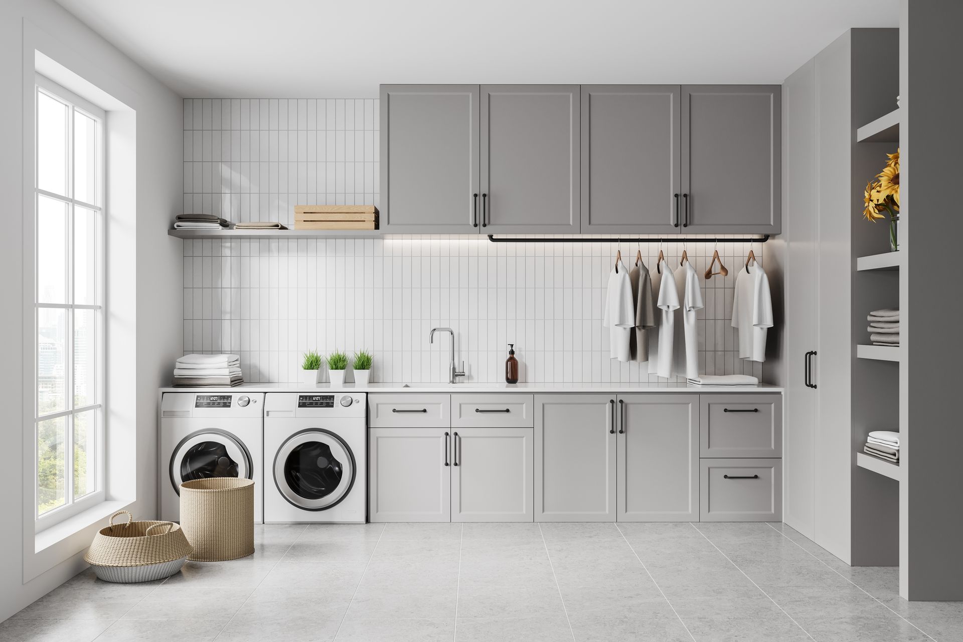 A laundry room with a washing machine , dryer , and sink.