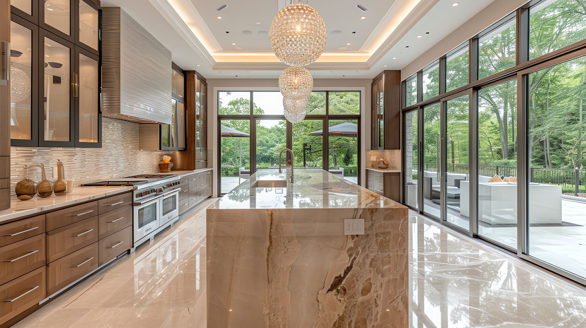 Luxury kitchen with large marble island and windows, chandelier, wooden cabinets.