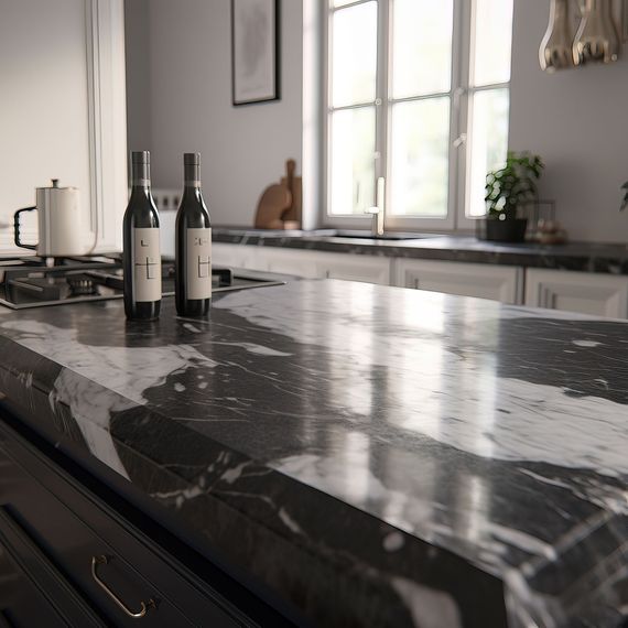 Two bottles of wine are sitting on a counter in a kitchen