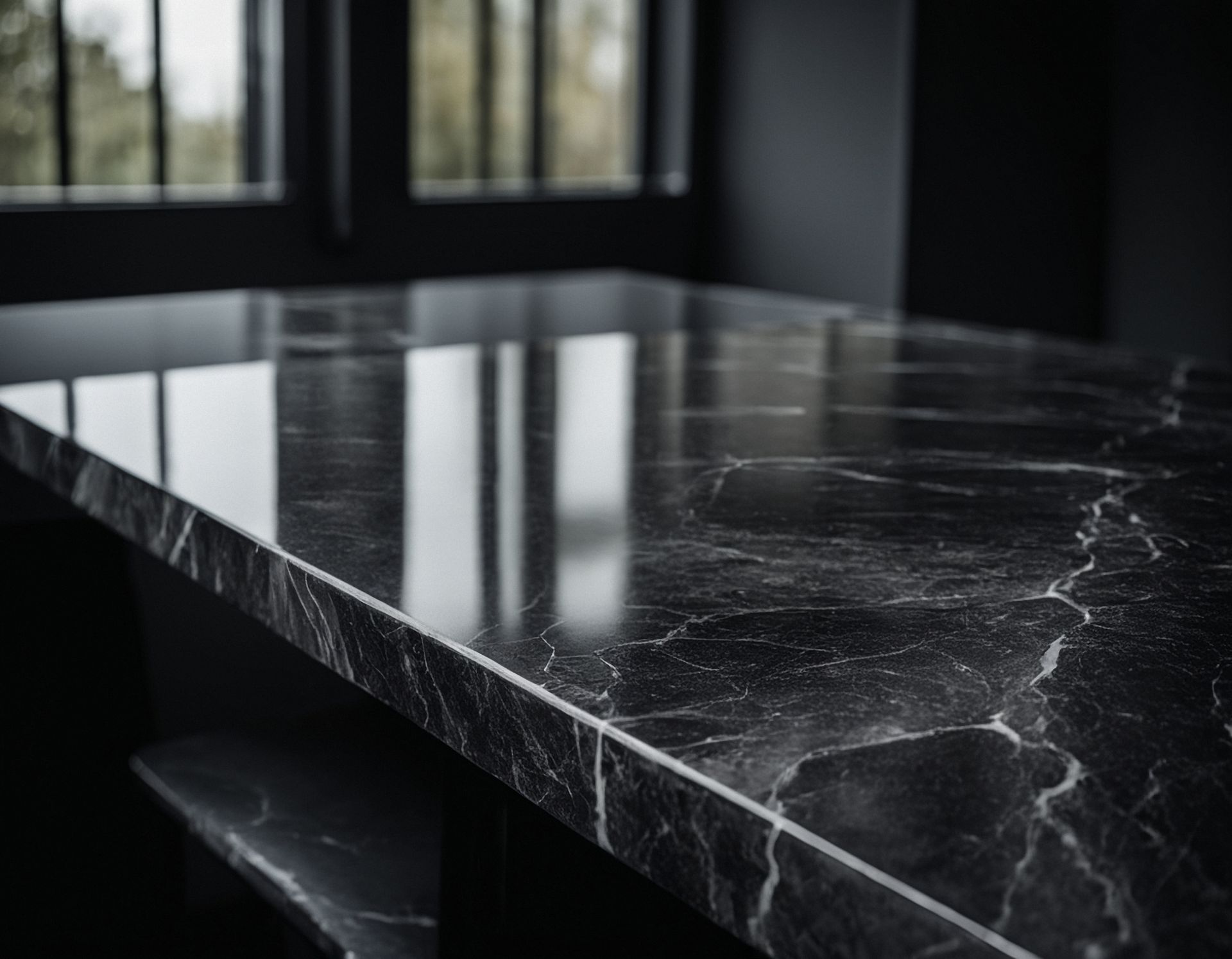 A black marble counter top in a dark room with a window in the background.