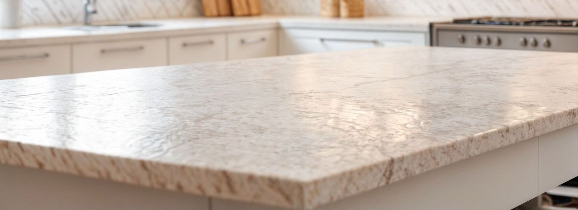 A kitchen with a large marble counter top and white cabinets.