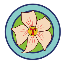 En blomst med bogstavet t i midten som repræsenterer Præstø Litteraturfestivals logo