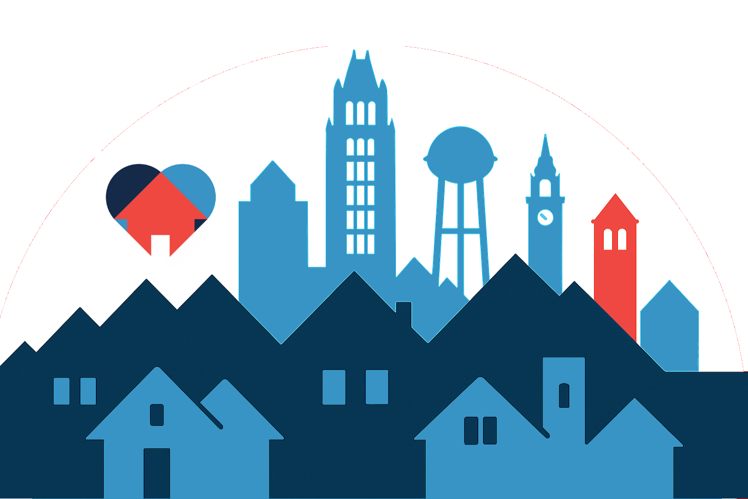 Blue and red cityscape with a heart-shaped house floating above, representing a focus on housing in the city.