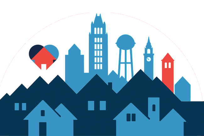 Blue and red cityscape with a heart-shaped house floating above, representing a focus on housing in the city.