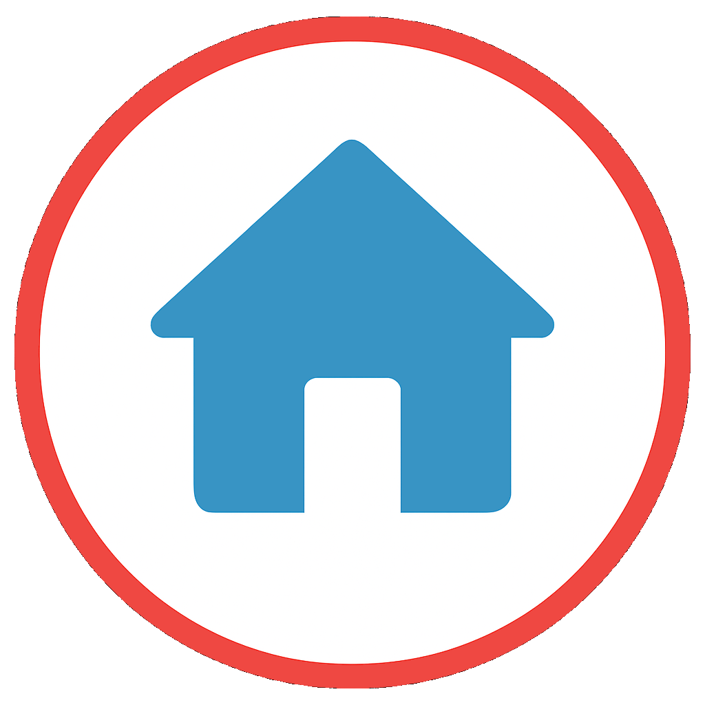 Blue house icon inside a red circle.