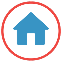 Blue house icon inside a red circle.