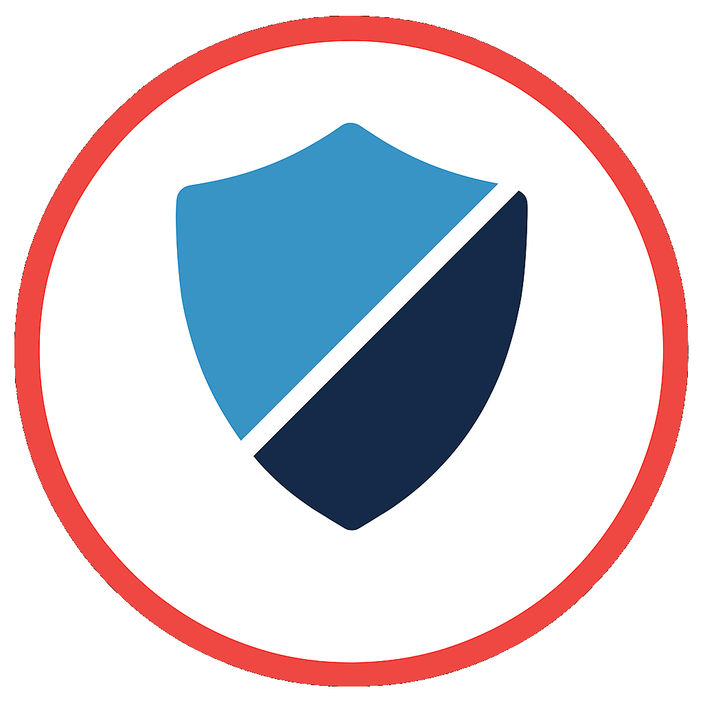 Shield icon, blue and dark blue with a red border, representing security.