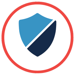 Shield icon, blue and dark blue with a red border, representing security.