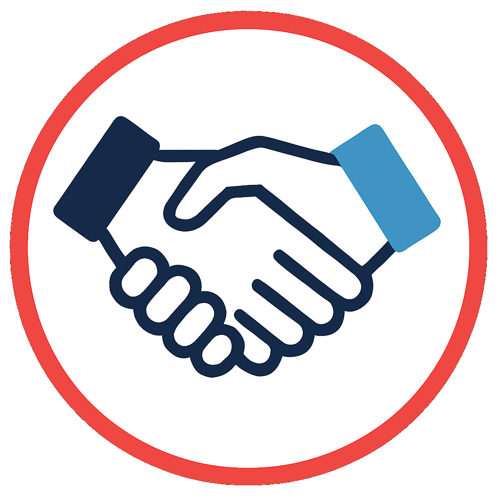 Two hands shaking inside a red circle, blue and black sleeves, representing an agreement.