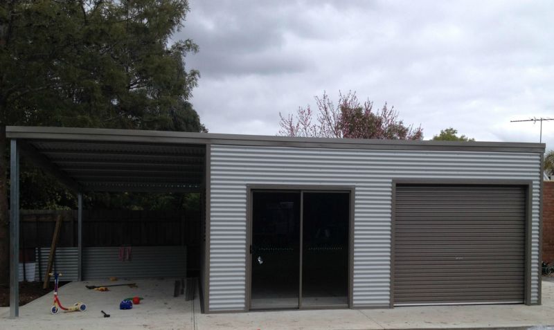 A Garage with a Canopy and a Shed Underneath it - Wallan, VIC - Victorian Garages & Barns