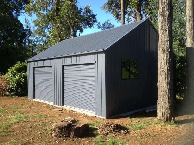 A Gray Garage with Two Doors - Wallan, VIC - Victorian Garages & Barns
