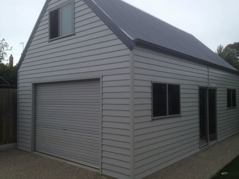 A White Garage with Gray Roof - Wallan, VIC - Victorian Garages & Barns