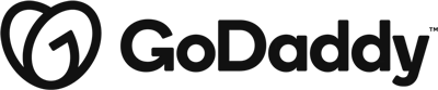The godaddy logo is black and white with a heart in the middle.