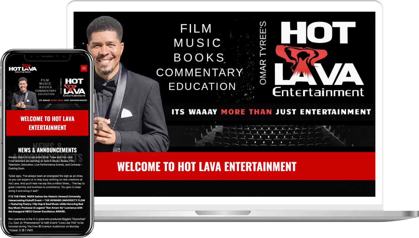 A laptop and a cell phone are displaying a website for hot lava entertainment.
