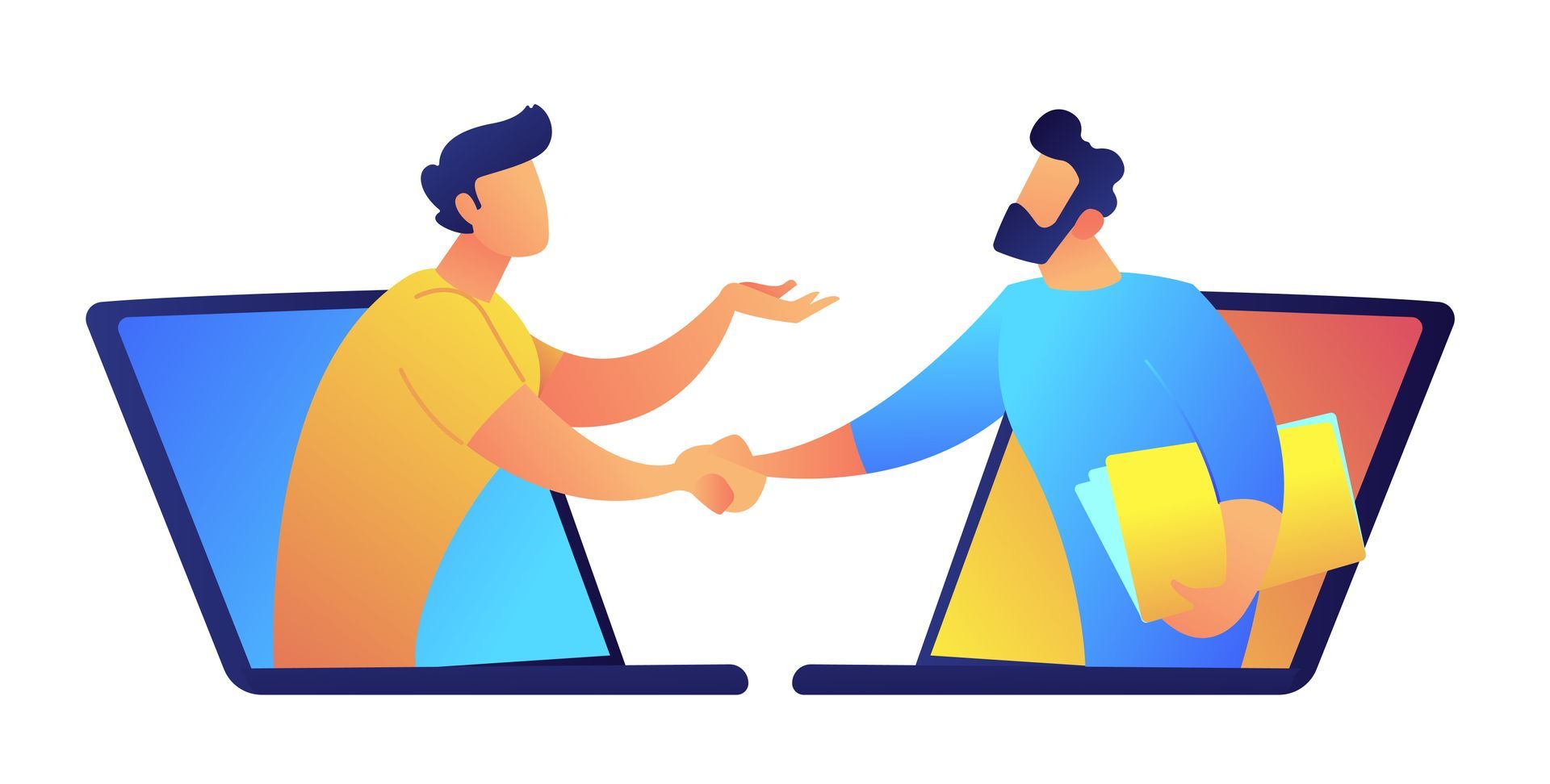 Two men are shaking hands through a laptop screen.