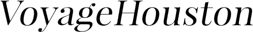 A black and white logo for voyage houston