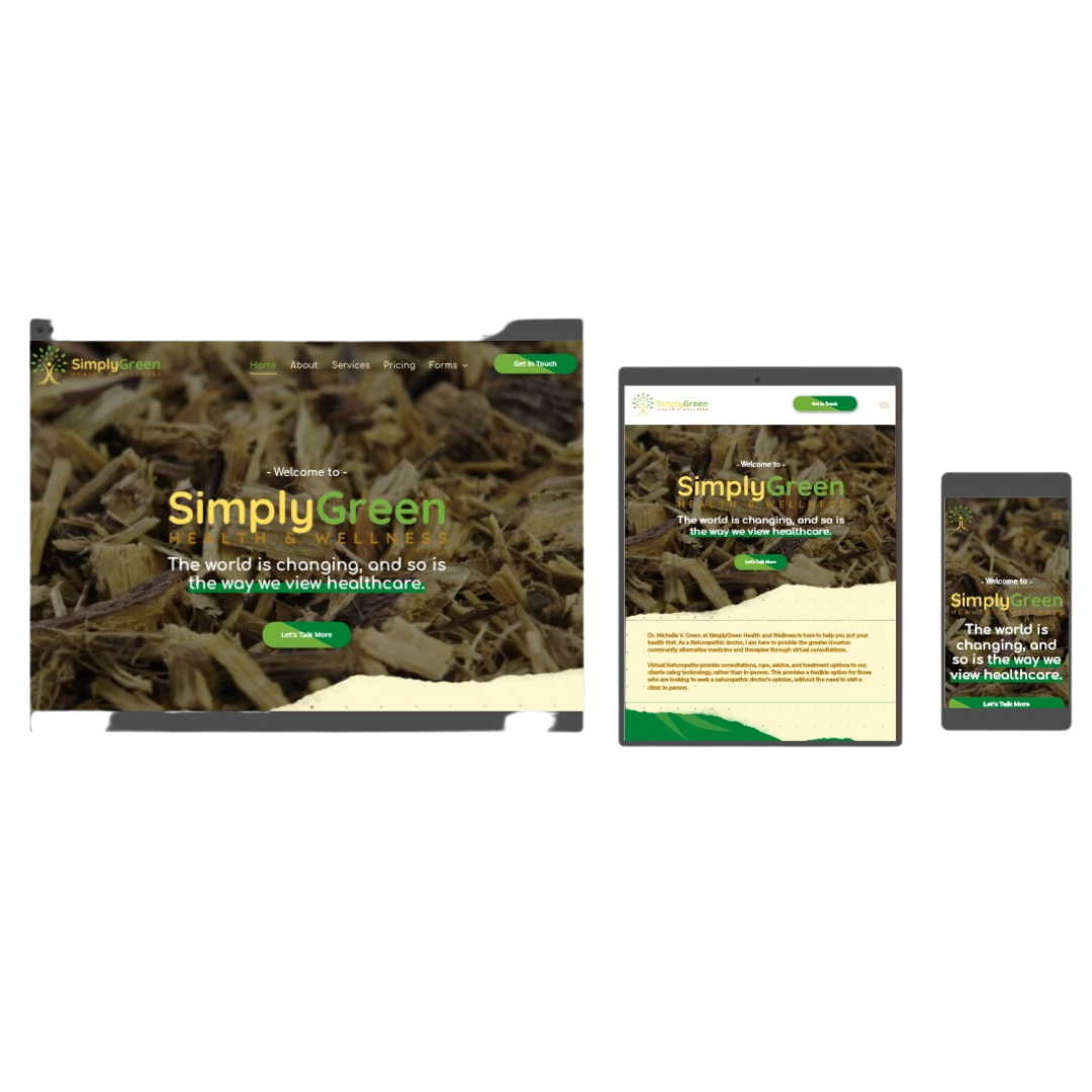 A simply green website is displayed on three different devices.