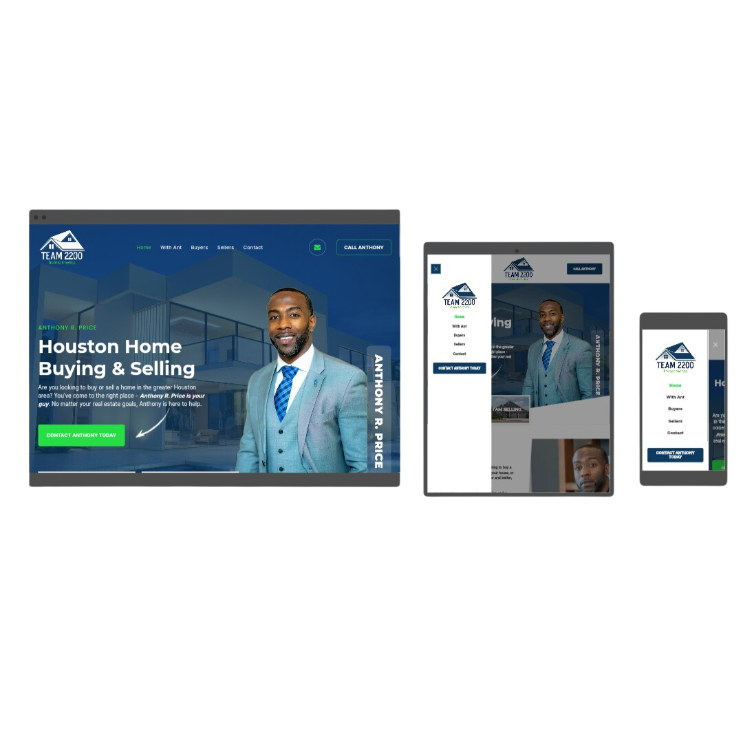 A man in a suit and tie is standing in front of a computer , tablet , and cell phone.