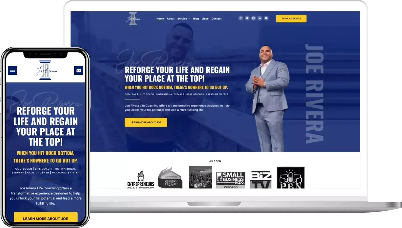 A laptop and a cell phone are displaying a website for joe rivera.