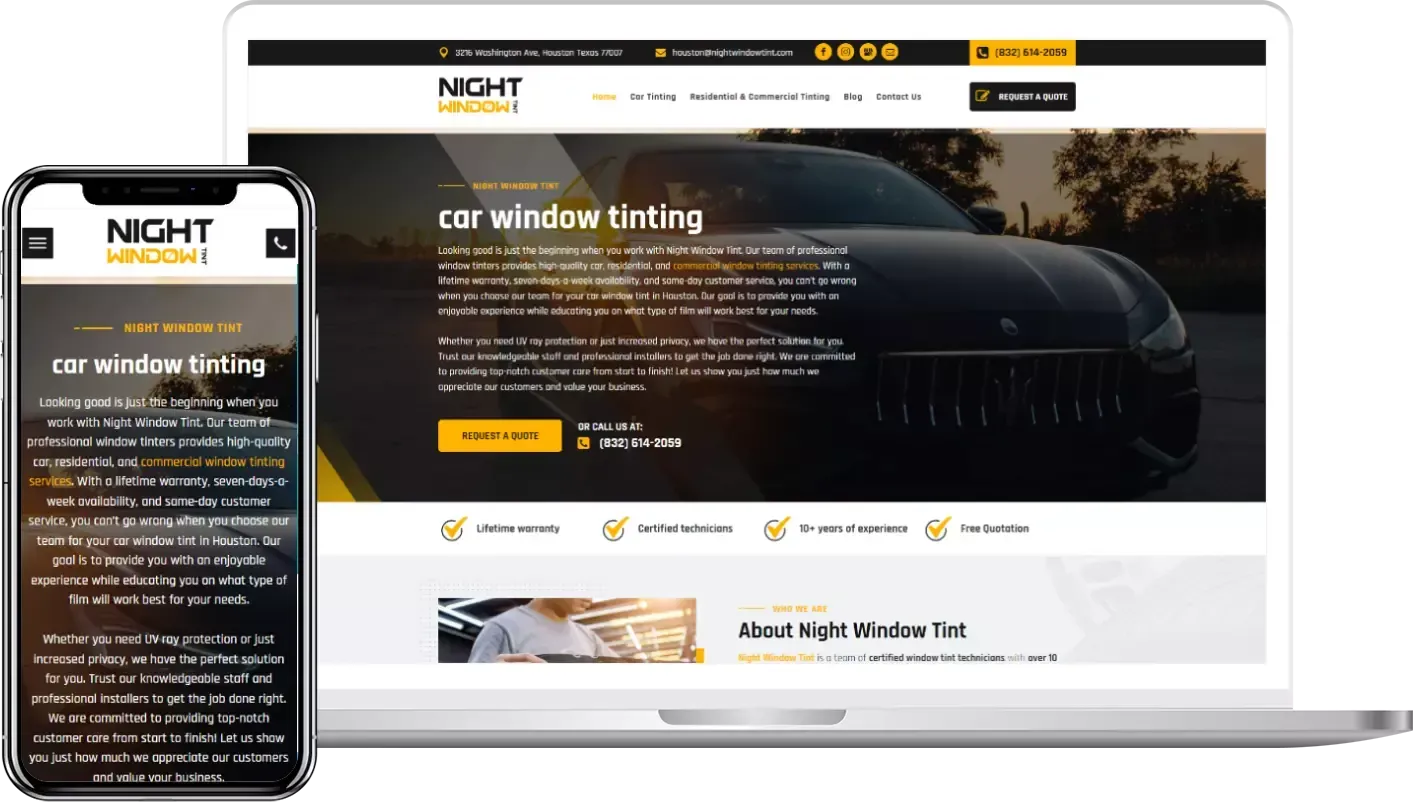 A laptop and a cell phone are displaying a website for car window tinting.